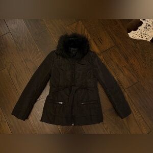 Dana Stein Women Puffer Jacket Coat Genuine Fur Trim Ruffles Size M